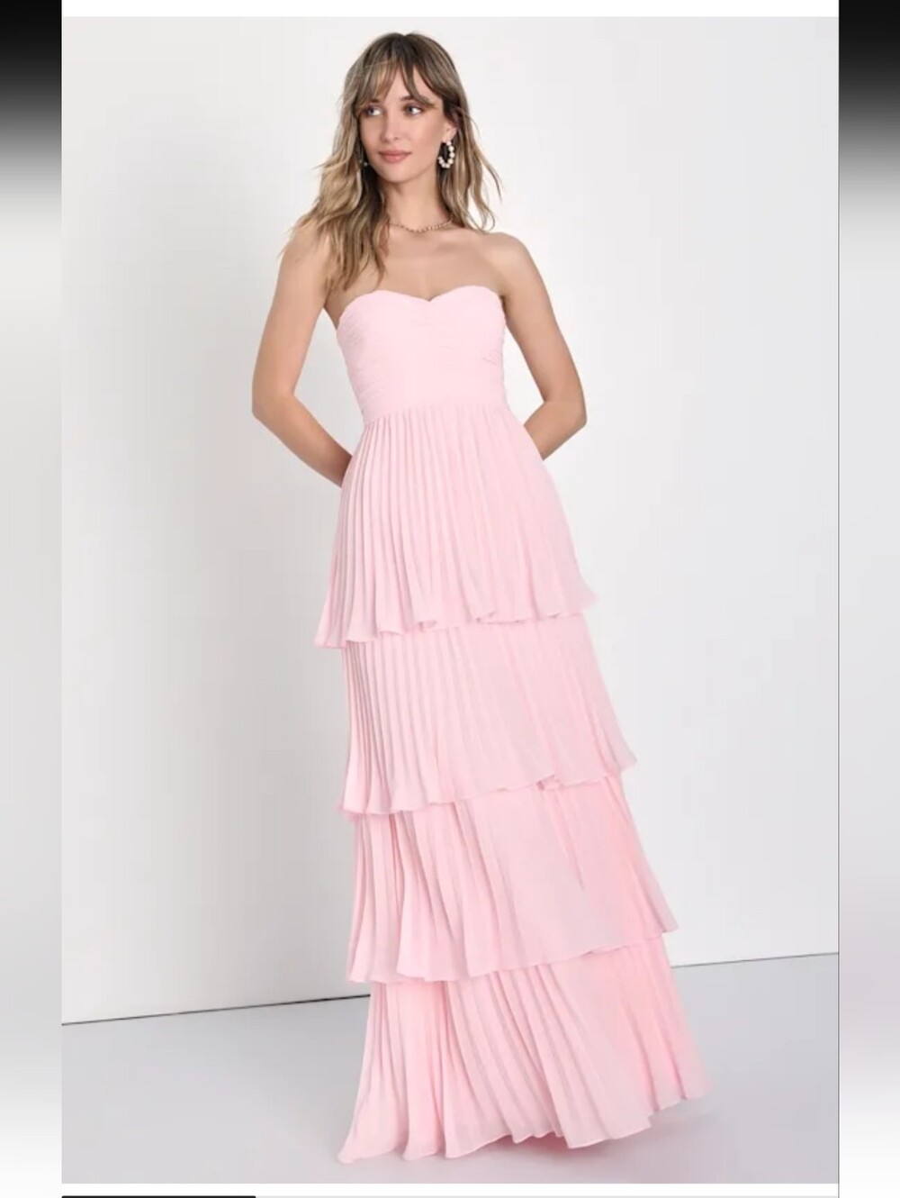Lulu's Seriously Sensationel Strapless Tiered Pleated Maxi Dress Pink Size S NEW